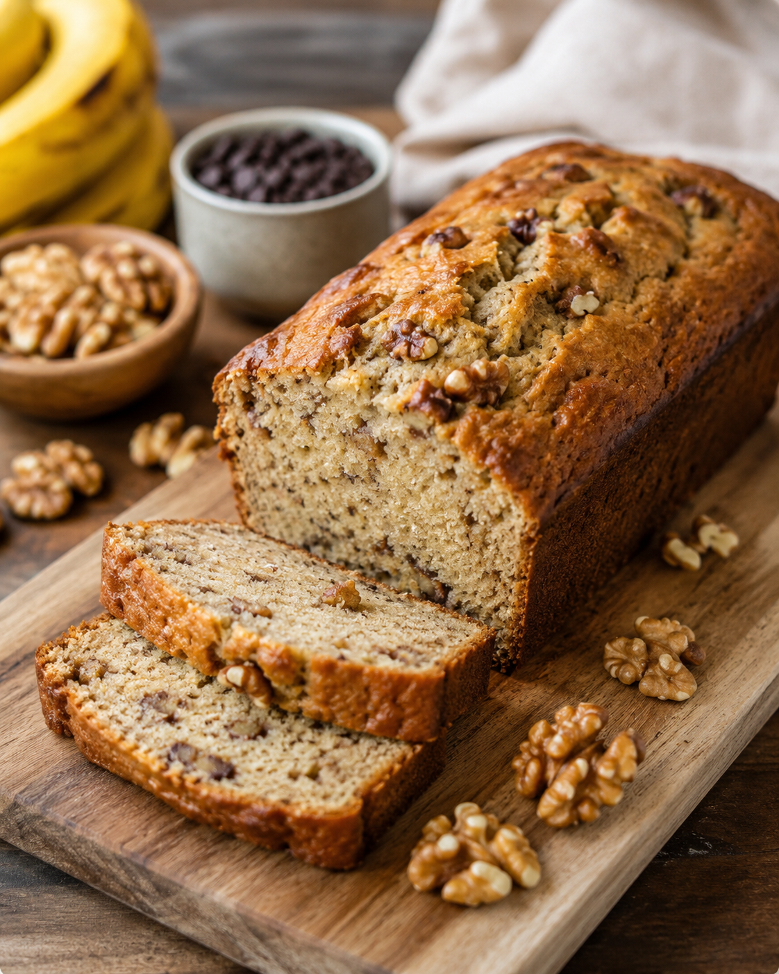 Choco chip banana loaf, freshly sliced